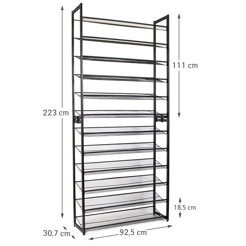 Tatkraft Eiffel – Schwerlast Schuhregal Metall, 12 Ablagen für bis zu 60 Paar Schuhe, bis 120 kg, Schuhragel Schmal, 92,5 × 30,7 × 223 cm, schwarz