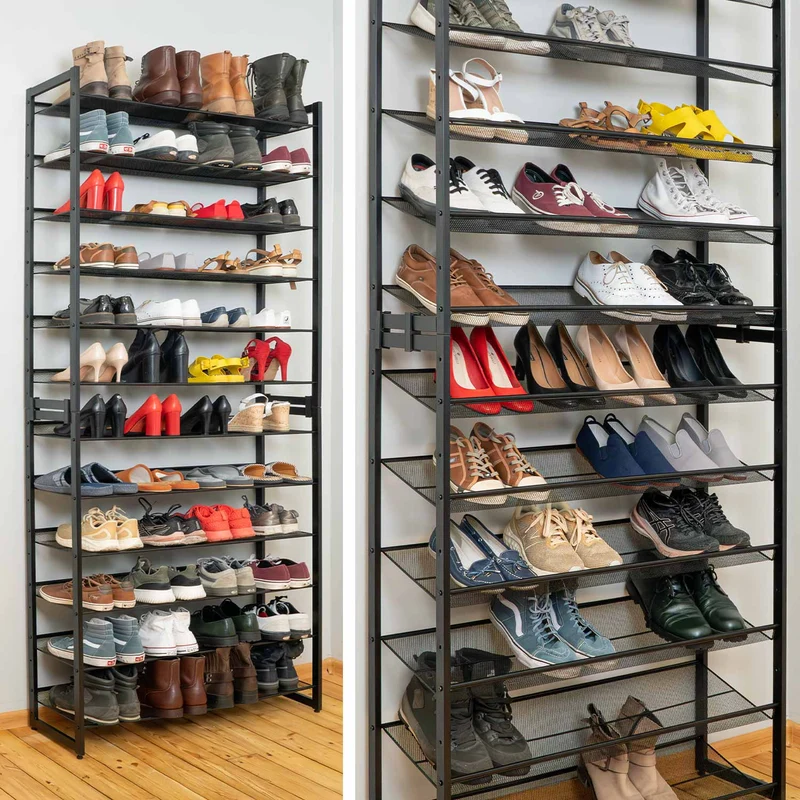 Tatkraft Eiffel – Schwerlast Schuhregal Metall, 12 Ablagen für bis zu 60 Paar Schuhe, bis 120 kg, Schuhragel Schmal, 92,5 × 30,7 × 223 cm, schwarz
