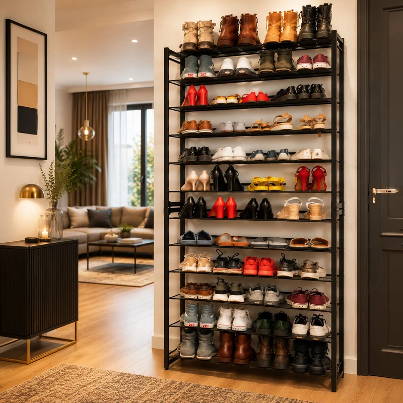 Tatkraft Eiffel – Schwerlast Schuhregal Metall, 12 Ablagen für bis zu 60 Paar Schuhe, bis 120 kg, Schuhragel Schmal, 92,5 × 30,7 × 223 cm, schwarz