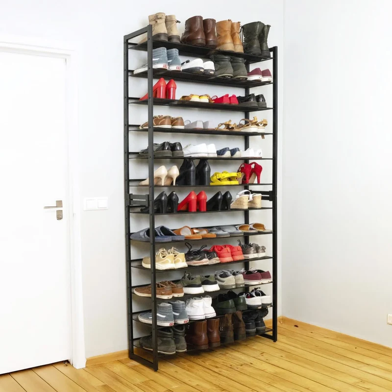 Tatkraft Eiffel – Schwerlast Schuhregal Metall, 12 Ablagen für bis zu 60 Paar Schuhe, bis 120 kg, Schuhragel Schmal, 92,5 × 30,7 × 223 cm, schwarz