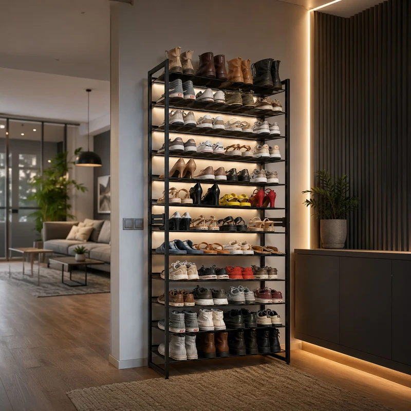 Tatkraft Eiffel – Schwerlast Schuhregal Metall, 12 Ablagen für bis zu 60 Paar Schuhe, bis 120 kg, Schuhragel Schmal, 92,5 × 30,7 × 223 cm, schwarz