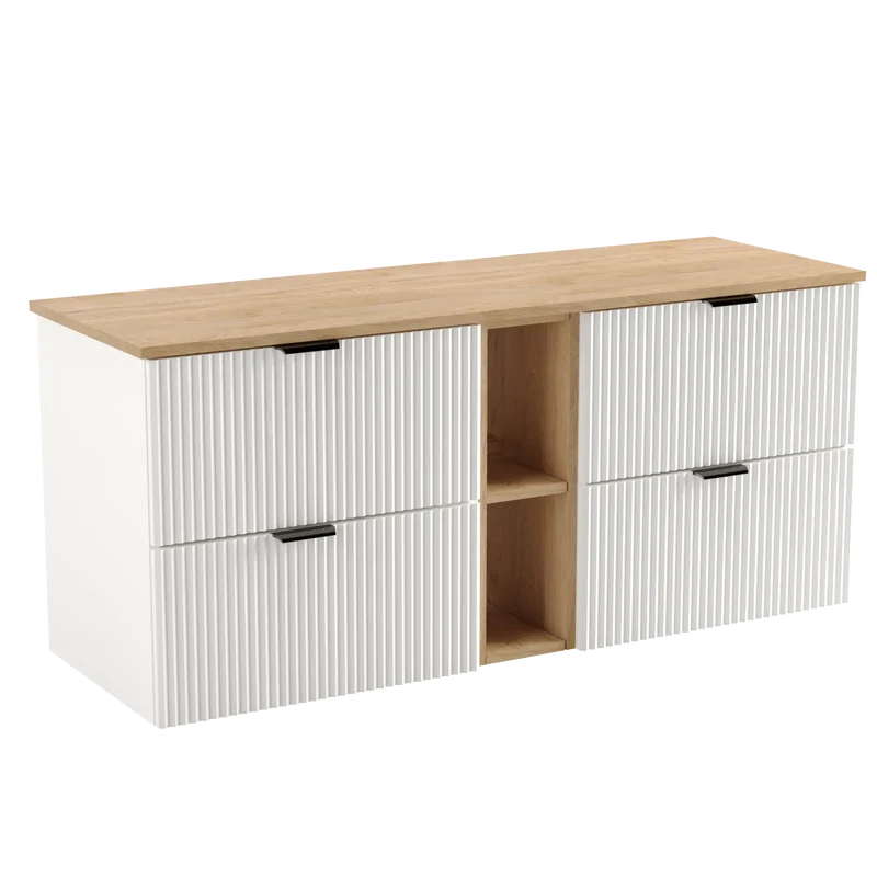 Waschtischunterschrank 140 cm mit Regal Willy - Weiß, Walnuss Regal, Walnussplatte