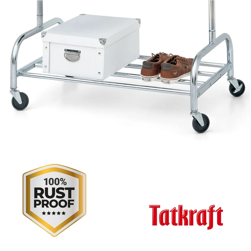 Tatkraft Tiger Schwerlast Kleiderständer auf Rädern, bis 100Kg, Garderobenständer Stabil, mit Ablage, Ausziehbare Kleiderstange, Verchromt Stahl