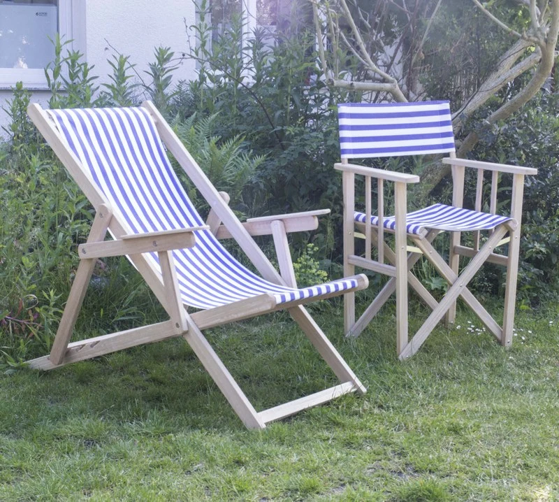 Sonnenliege mit Nackenkissen aus Massivholz und 100 % Baumwolle, Strandstuhl gestreift blau-weiß