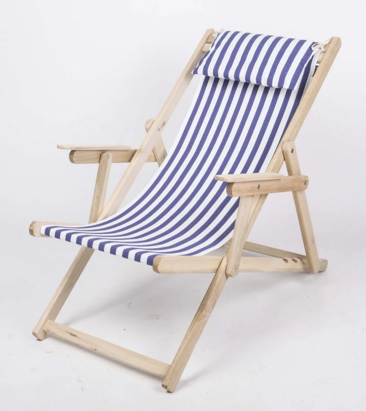 Sonnenliege mit Nackenkissen aus Massivholz und 100 % Baumwolle, Strandstuhl gestreift blau-weiß