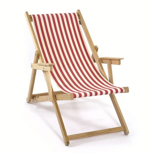 Sonnenliege mit Nackenkissen aus Massivholz und 100 % Baumwolle, Strandstuhl gestreift rot-weiß