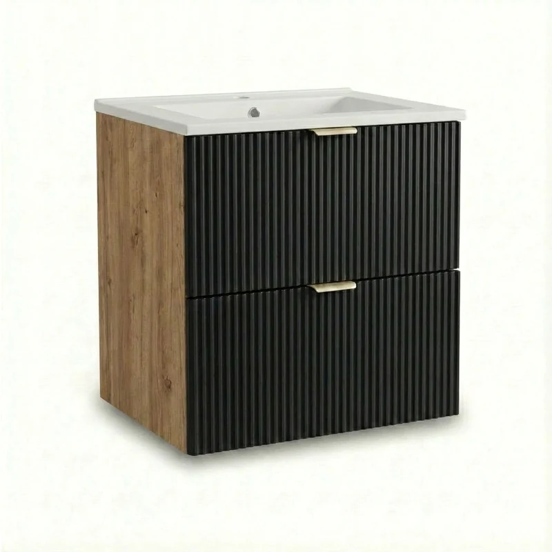 Waschtischunterschrank 60 cm mit Waschbecken Willy - Schwarz/Walnuss