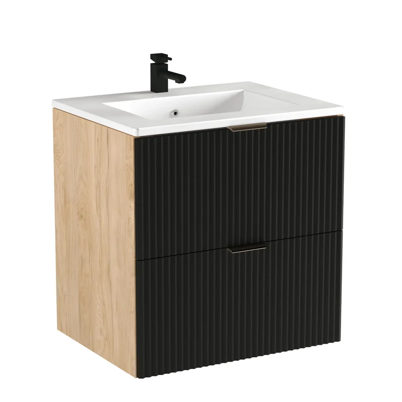 Waschtischunterschrank 60 cm mit Waschbecken Willy - Schwarz/Walnuss