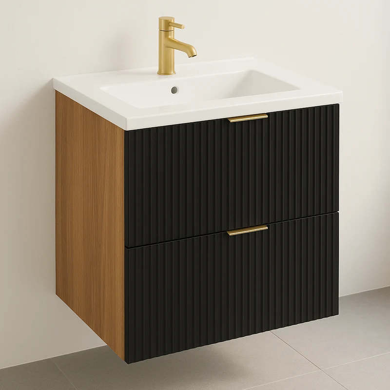 Waschtischunterschrank 60 cm mit Waschbecken Willy - Schwarz/Walnuss