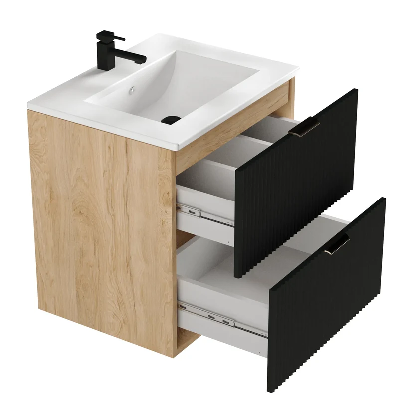 Waschtischunterschrank 60 cm mit Waschbecken Willy - Schwarz/Walnuss