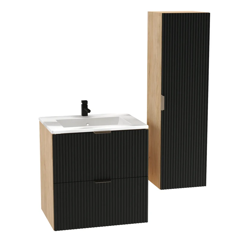 Waschtischunterschrank 60 cm mit Waschbecken Willy - Schwarz/Walnuss