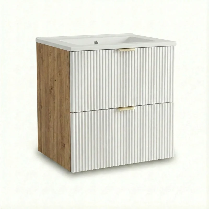 Waschtischunterschrank 60 cm mit Waschbecken Willy - Weiß/Walnuss