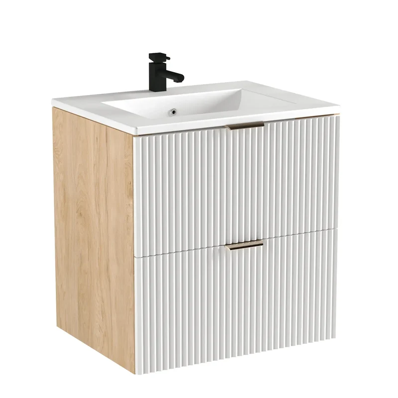 Waschtischunterschrank 60 cm mit Waschbecken Willy - Weiß/Walnuss