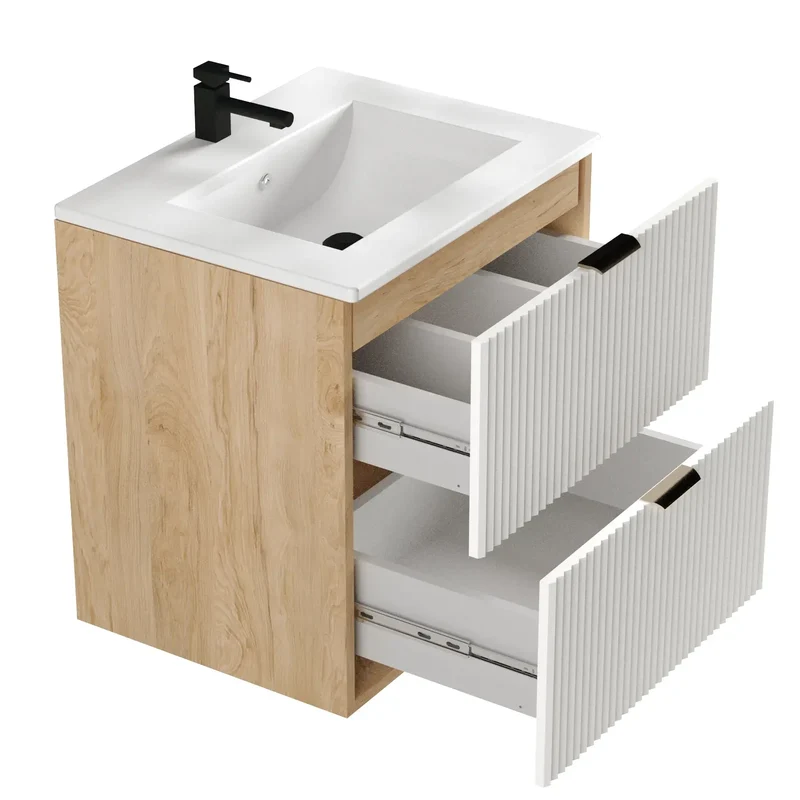 Waschtischunterschrank 60 cm mit Waschbecken Willy - Weiß/Walnuss