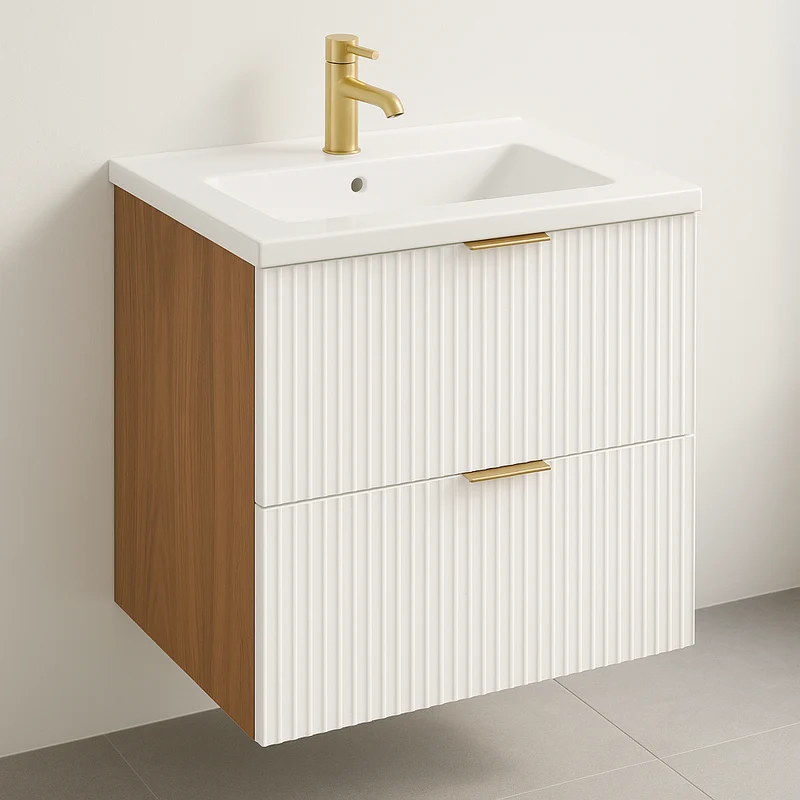 Waschtischunterschrank 60 cm mit Waschbecken Willy - Weiß/Walnuss