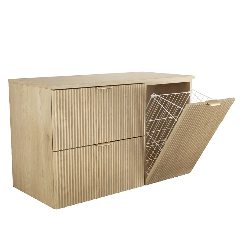 Waschtischunterschrank 100 cm mit Wäschekorb Willy - Eiche Cremona