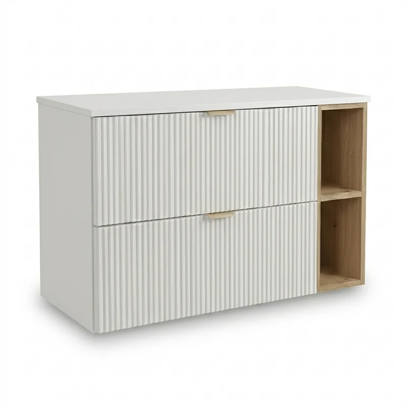 Waschtischunterschrank mit Regal 100 cm Willy - Weiß, Walnuss Regal, Weißplatte