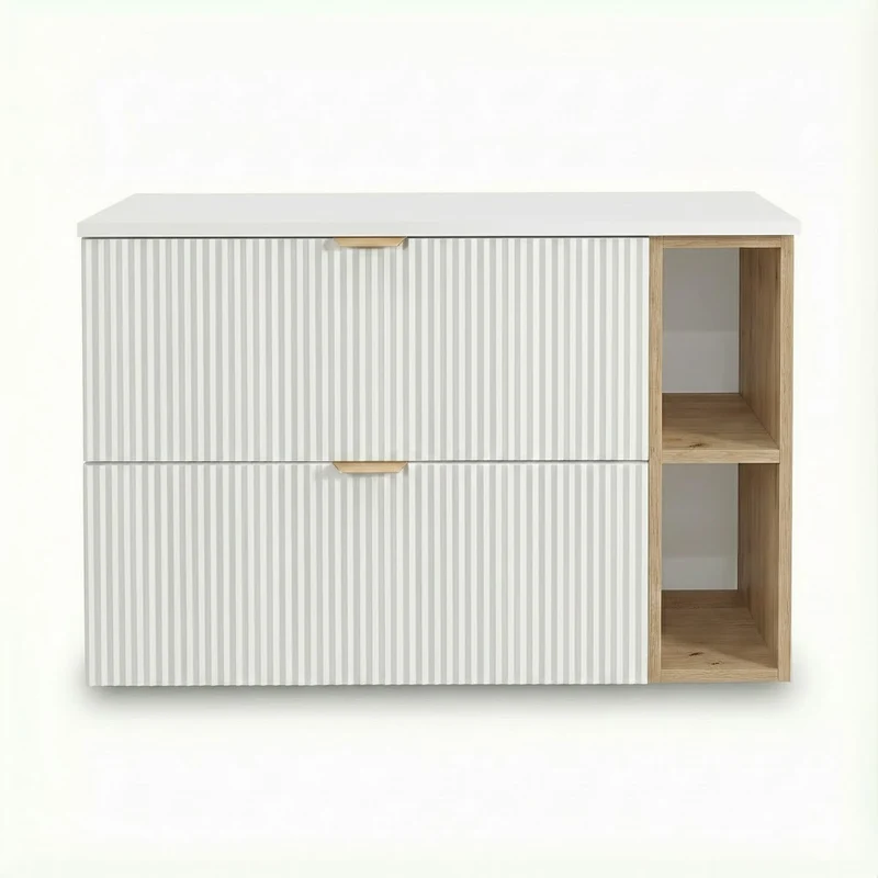 Waschtischunterschrank mit Regal 100 cm Willy - Weiß, Walnuss Regal, Weißplatte