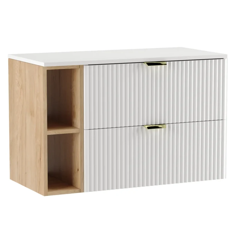 Waschtischunterschrank mit Regal 100 cm Willy - Weiß, Walnuss Regal, Weißplatte