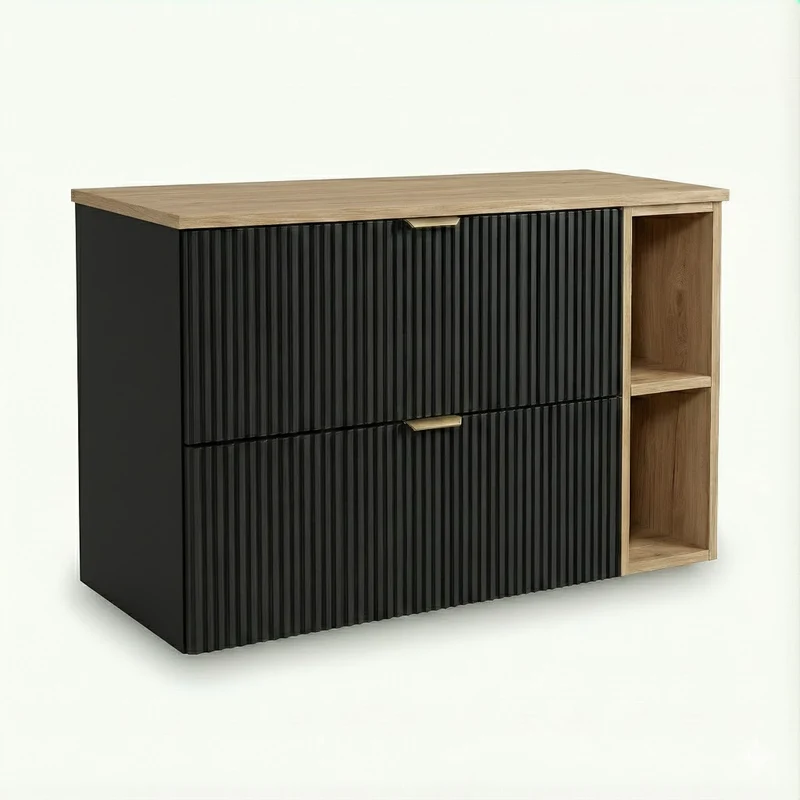 Waschtischunterschrank mit Regal 100 cm Willy - Schwarz, Regal und Walnussplatte