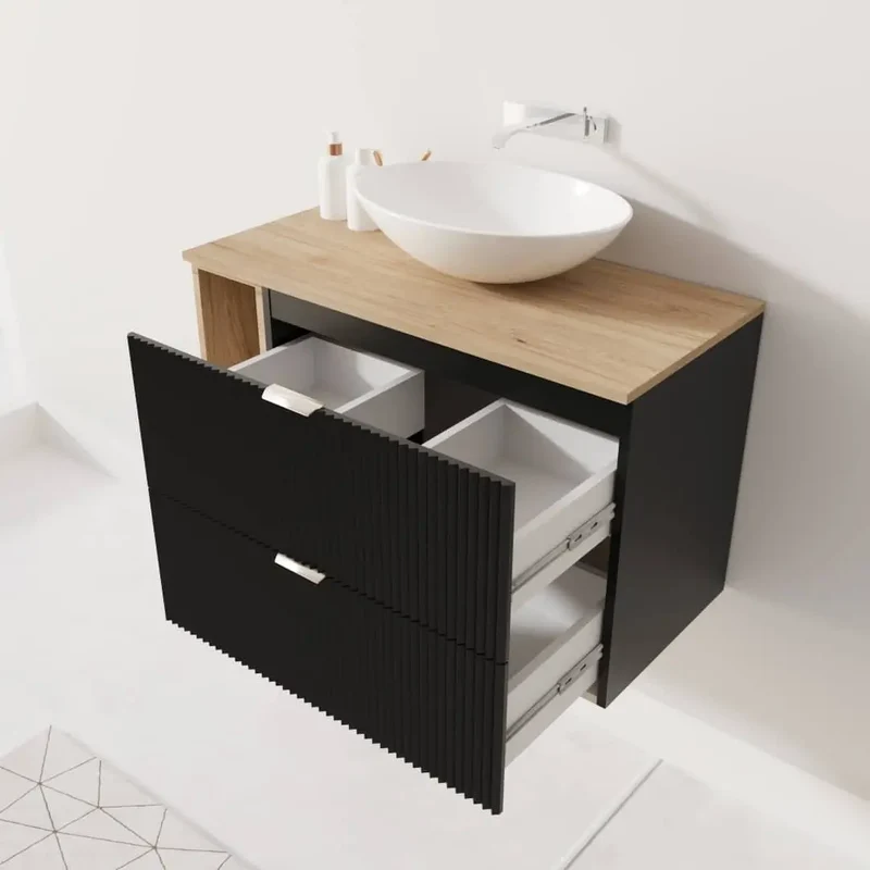 Waschtischunterschrank mit Regal 100 cm Willy - Schwarz, Regal und Walnussplatte