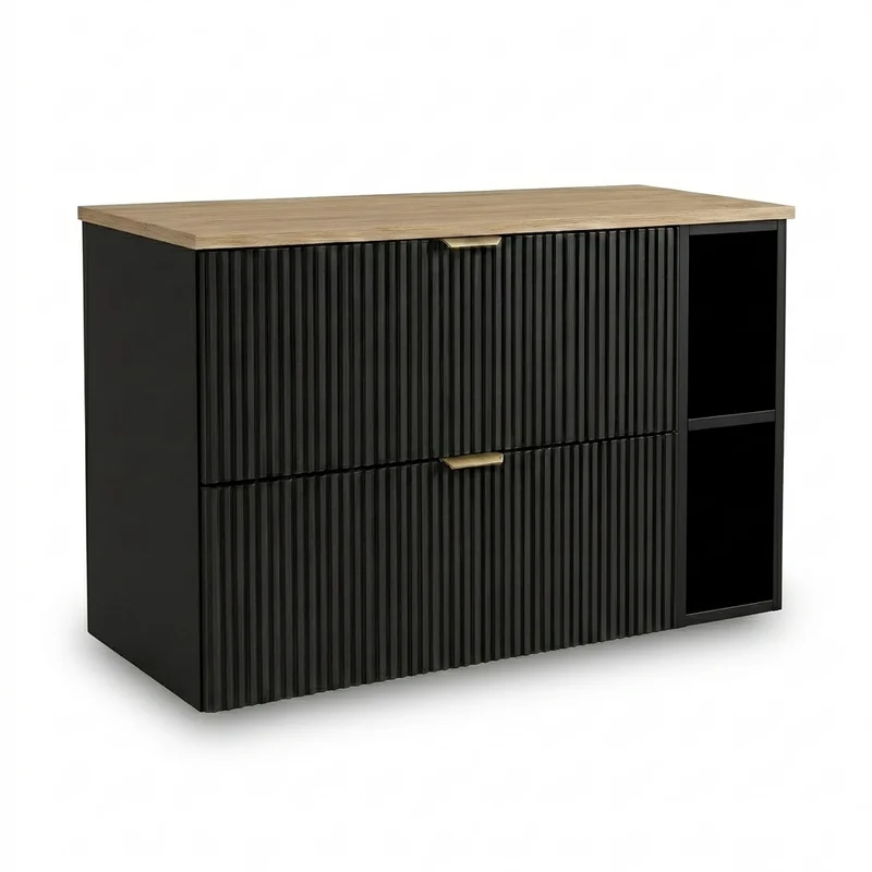 Waschtischunterschrank 100 cm Willy - Schwarz, Walnussplatte