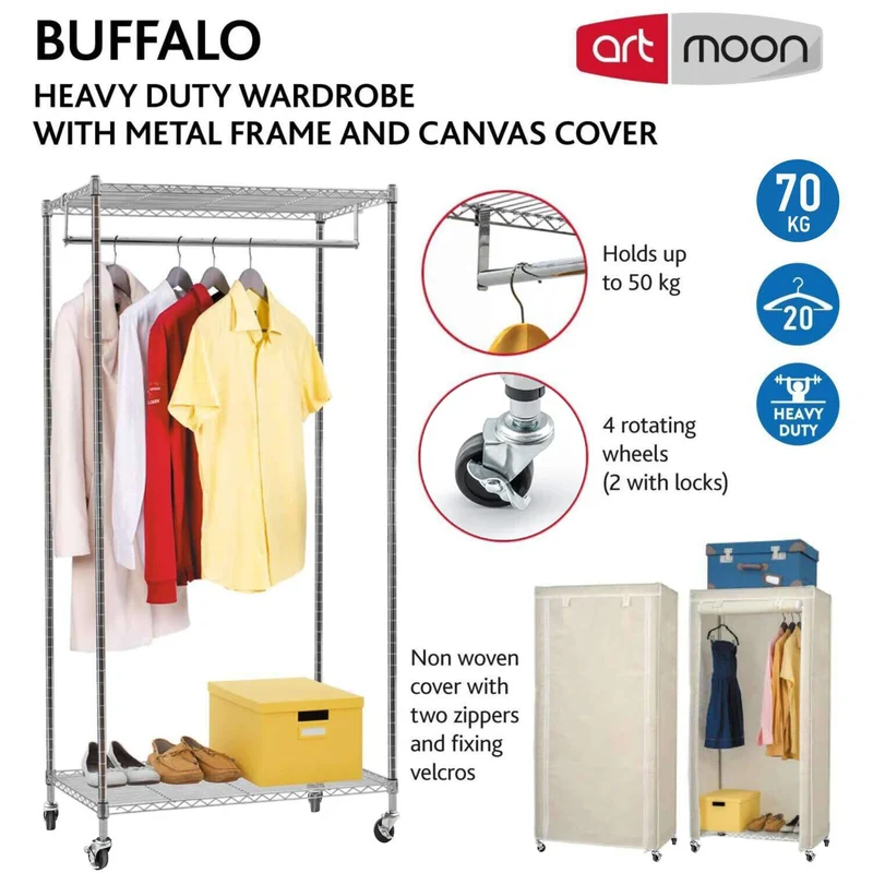 art moon Buffalo - Stoffschrank, Faltschrank, Schwerlast Kleiderständer, auf Rollen, bis 70 kg belastbar, mit 2 Ablagen, mit Schutzhülle, Creme