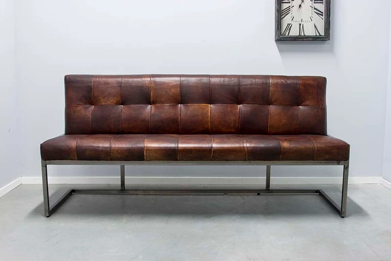 Bank Echtleder Metall, Sitzbank im Industriedesign, Breite 186 cm