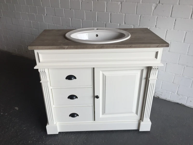 Waschtisch weiß-braun Massivholz, Waschtisch im Landhausstil, Spiegel optional