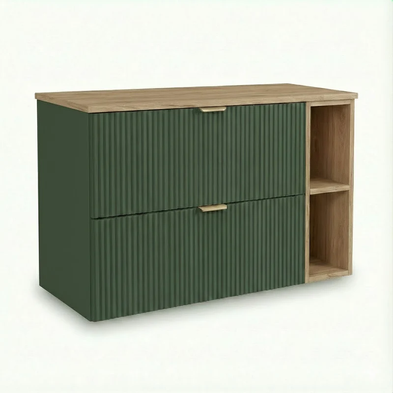 Waschtischunterschrank mit Regal 100 cm Willy - Salbei, Walnuss Regal, Walnussplatte