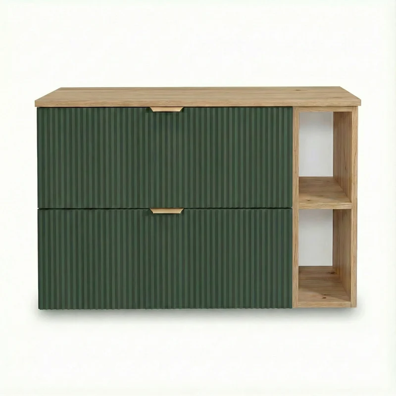 Waschtischunterschrank mit Regal 100 cm Willy - Salbei, Walnuss Regal, Walnussplatte