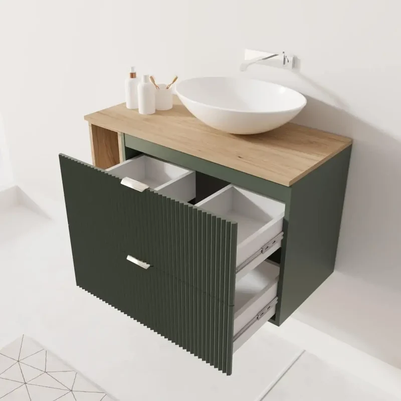 Waschtischunterschrank mit Regal 100 cm Willy - Salbei, Walnuss Regal, Walnussplatte