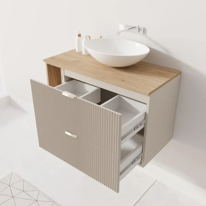 Waschtischunterschrank mit Regal 100 cm Willy - Kaschmir, Regal und Walnussplatte