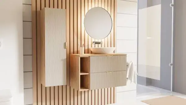 Waschtischunterschrank mit Regal 100 cm Willy - Kaschmir, Regal und Walnussplatte