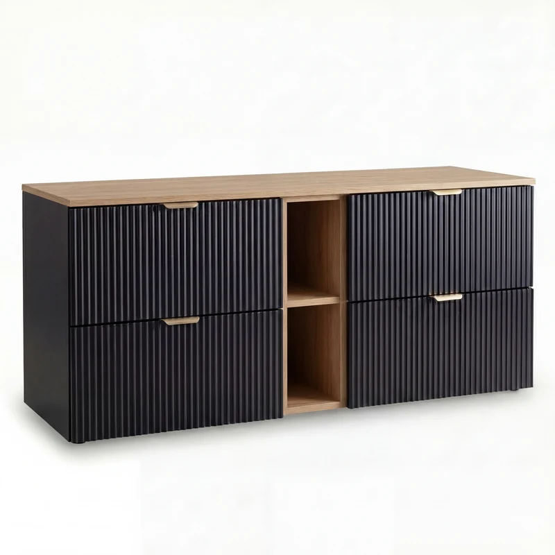 Waschtischunterschrank 140 cm mit Regal Willy - Schwarz, Walnussplatte und Regal