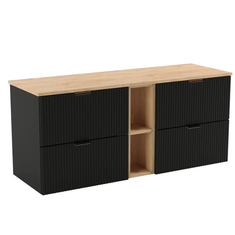 Waschtischunterschrank 140 cm mit Regal Willy - Schwarz, Walnussplatte und Regal