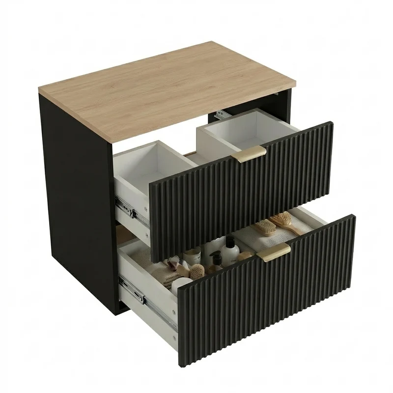 Waschtischunterschrank mit 2 Schubladen 60 cm Willy - Schwarz, Walnussplatte