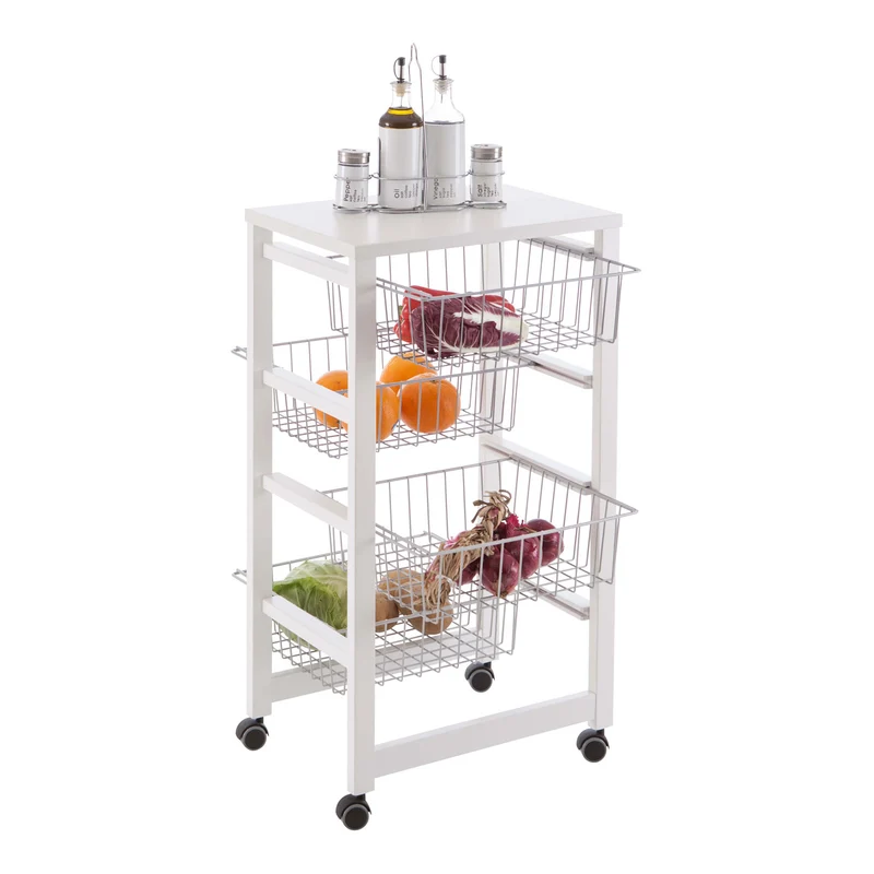 ARIT Gingerone – Küchenwagen aus massiver Buche mit Arbeitsplatte, 4 Schiebekörben und Rollen, Weiß, Made in Italy