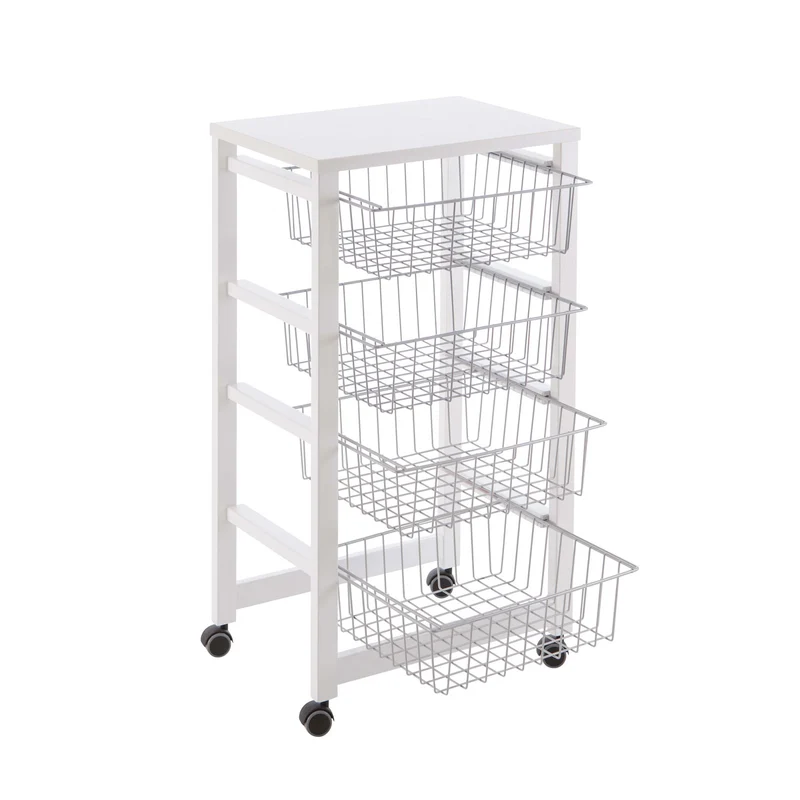 ARIT Gingerone – Küchenwagen aus massiver Buche mit Arbeitsplatte, 4 Schiebekörben und Rollen, Weiß, Made in Italy