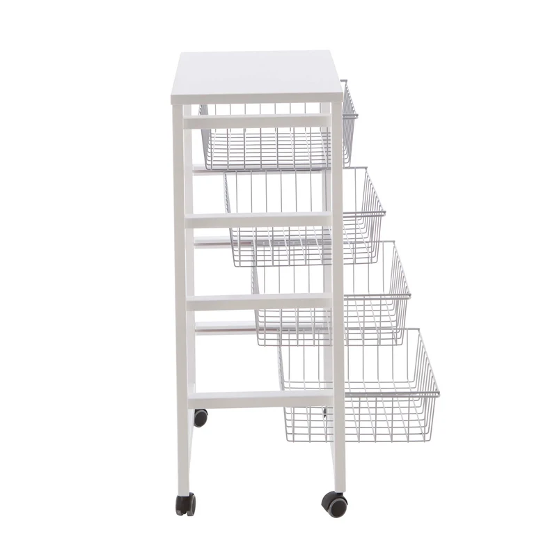ARIT Gingerone – Küchenwagen aus massiver Buche mit Arbeitsplatte, 4 Schiebekörben und Rollen, Weiß, Made in Italy