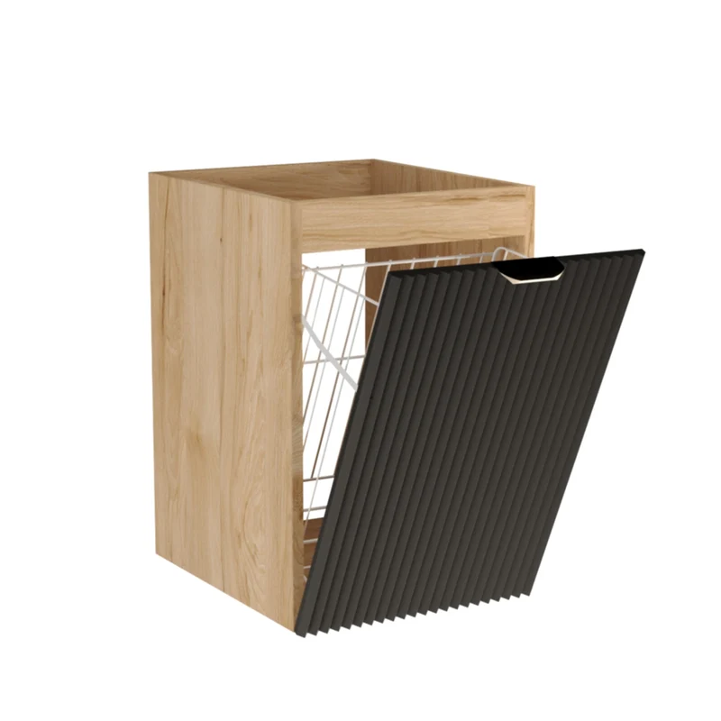 Badezimmerschrank 40 cm mit Wäschekorb Willy - Schwarz/Walnuss