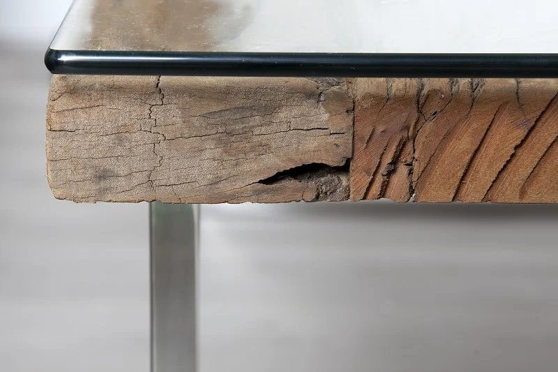 Couchtisch Glas-Metall-Holz, Couchtisch Altholz verchromt-Glas, Länge 110 cm