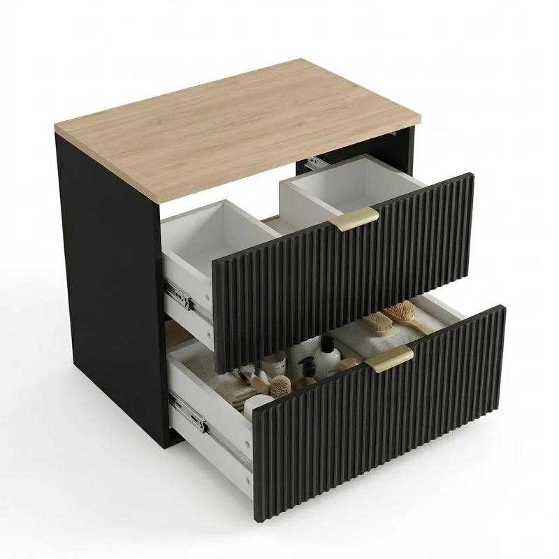 Waschtischunterschrank 80 cm mit Regal Willy - Schwarz, Walnussplatte