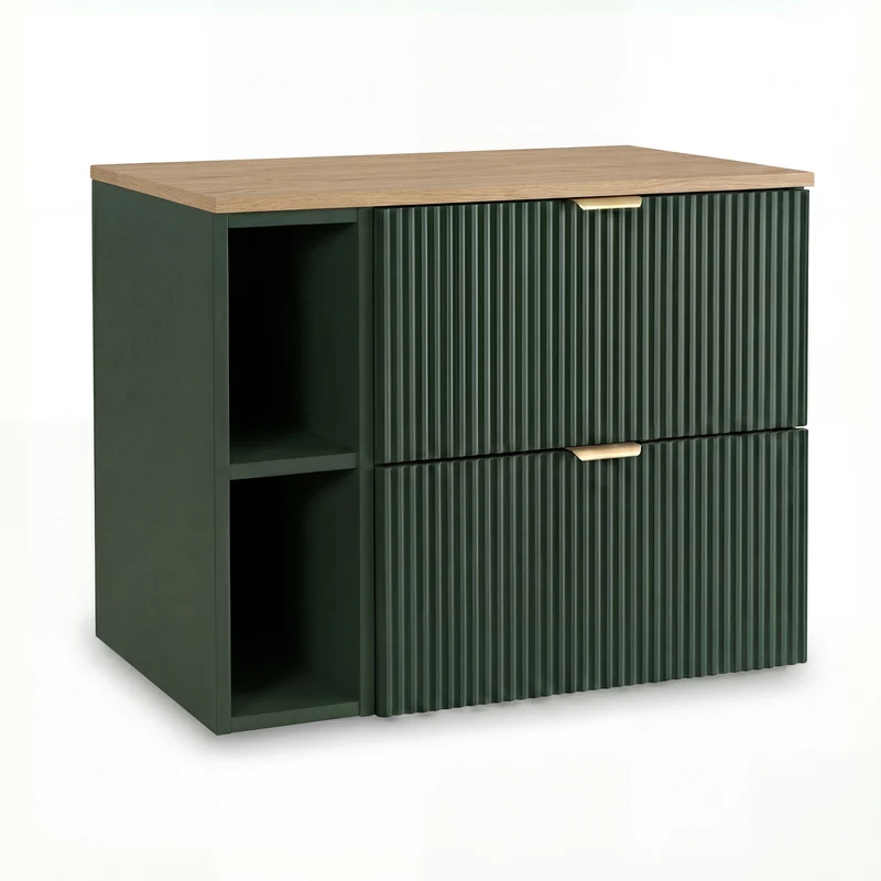 Waschtischunterschrank 80 cm mit Regal Willy - Salbei, Walnussplatte