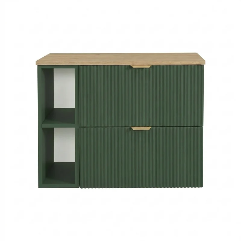 Waschtischunterschrank 80 cm mit Regal Willy - Salbei, Walnussplatte