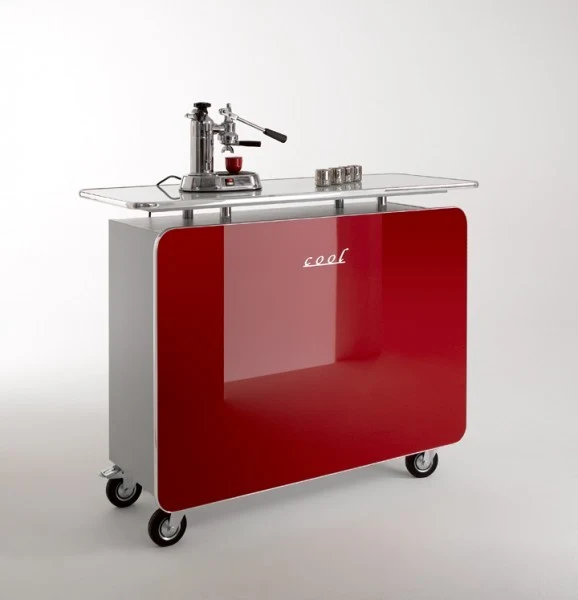 Office Bar auf Rollen, mobile Coffe Bar Hochglanz lackiert in vier Farben, Breite 140 cm
