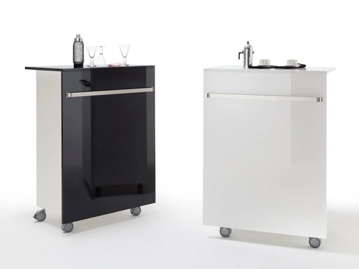 Office Bar auf Rollen weiß, mobile Coffe Bar Hochglanz lackiert