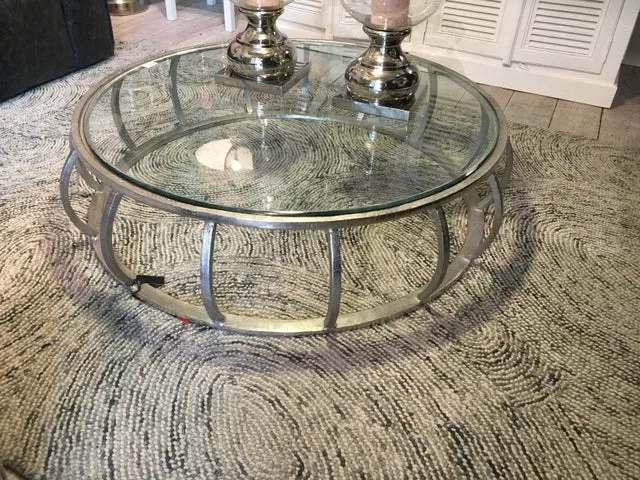 Couchtisch Silber Glas-Metall, Tisch Metall und Glas, Durchmesser 133 cm