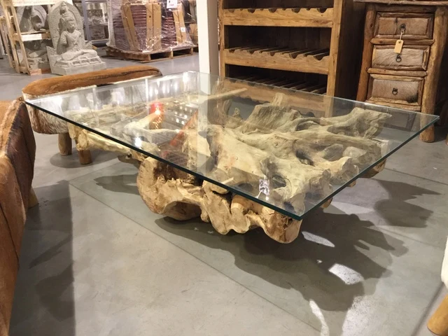 Couchtisch Wurzelholz, Tisch Massivholz und Glas, Länge 120 cm