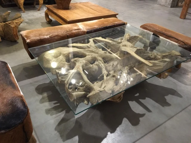 Couchtisch Wurzelholz, Tisch Massivholz und Glas, Länge 120 cm
